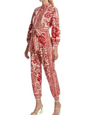 FARM Rio Pineapple Garden Jumpsuit Size XS Red Cream Floral Tie-Waist Boho Chic